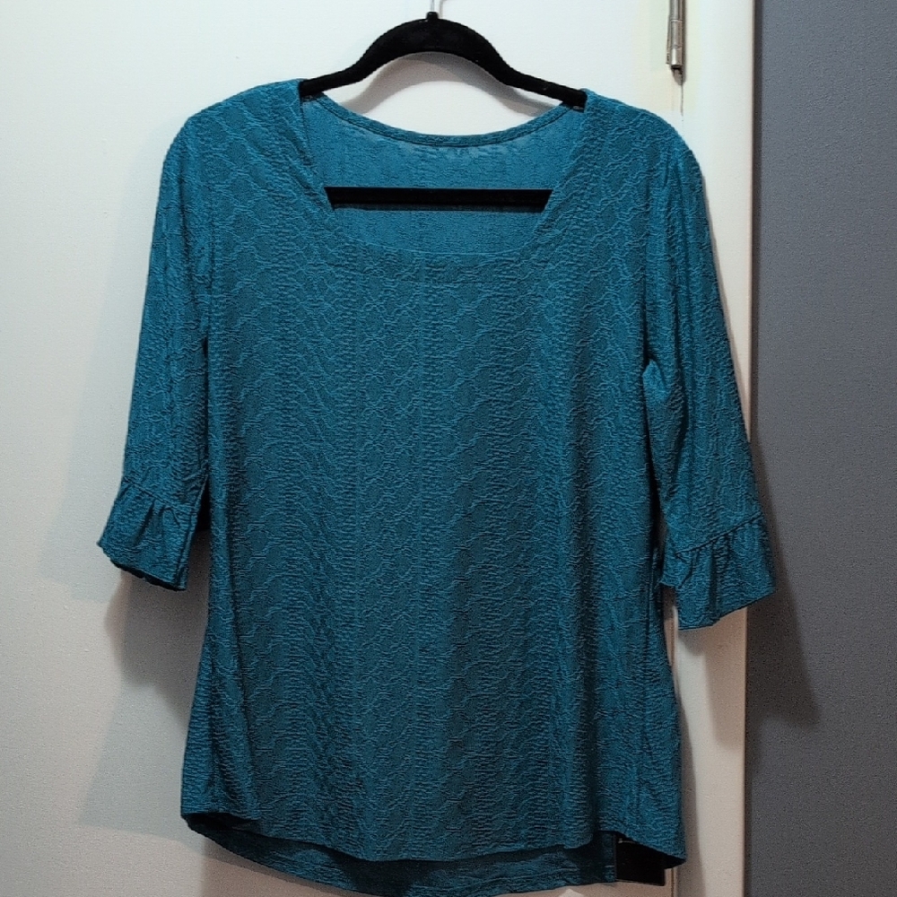 Blue/Teal Flutter Sleeve Blouse with Textured Fabric